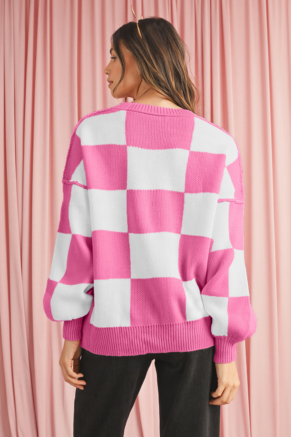 Dark Brown Plaid Bishop Sleeve Pullover Sweater