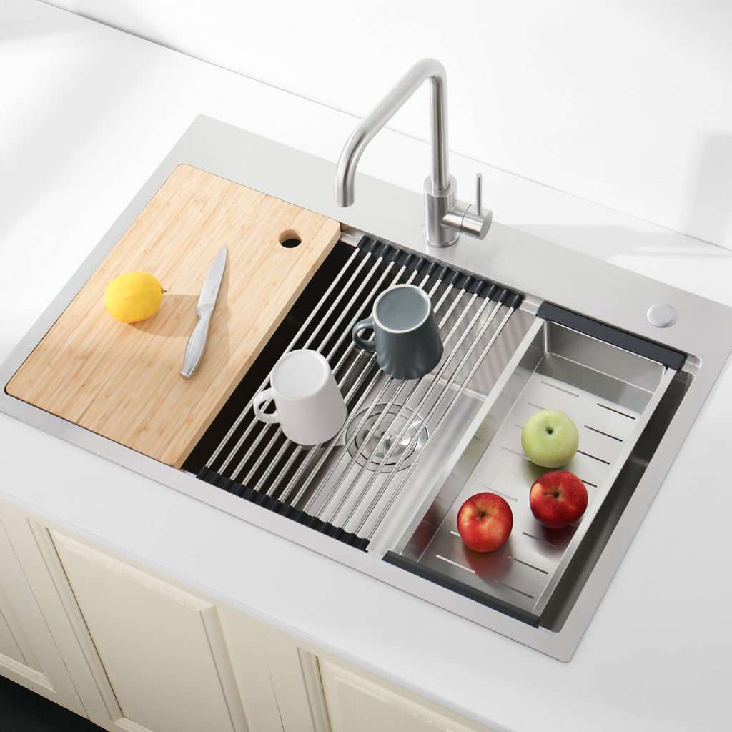 Stainless Steel Kitchen Sink, 33″x22″ Single Bowl, Overmount Handmade Sink in Brushed, with Cutting Board, Colander, SS-BR01D-332208