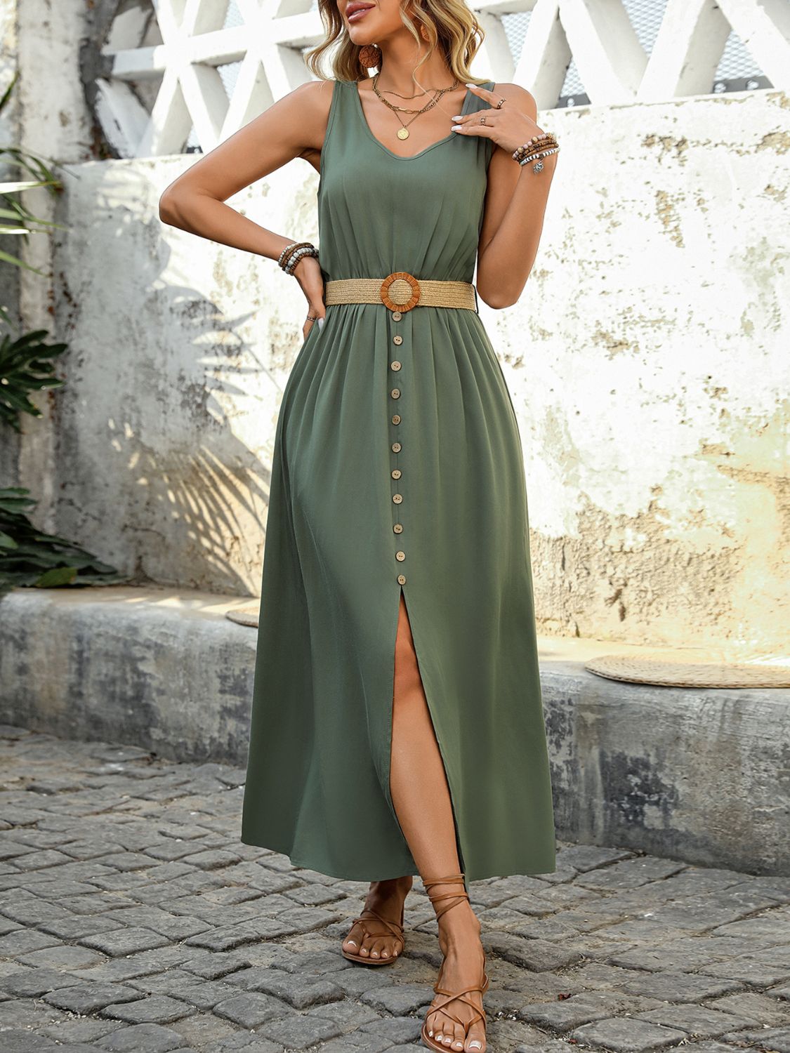 Decorative Button Sleeveless Midi Dress Elegant & Timeless Long Comfortable Dress