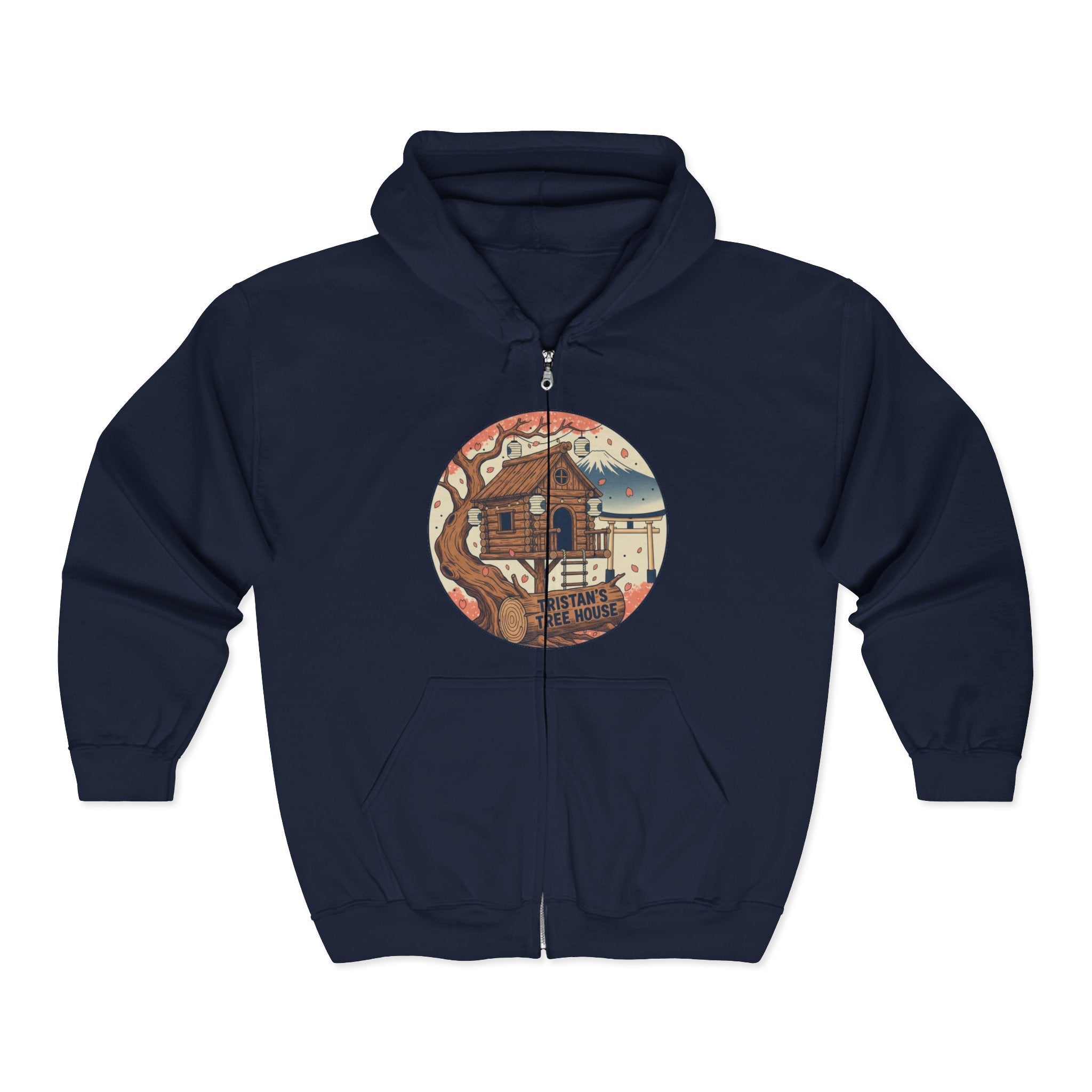 Cabin Vibes Zip Hoodie —Tristan’s Treehouse  Rustic Lakeside Circle Illustration