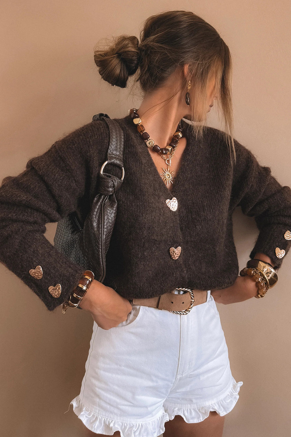 Fiery Red Heart Metal Button V Neck Cardigan Sweater