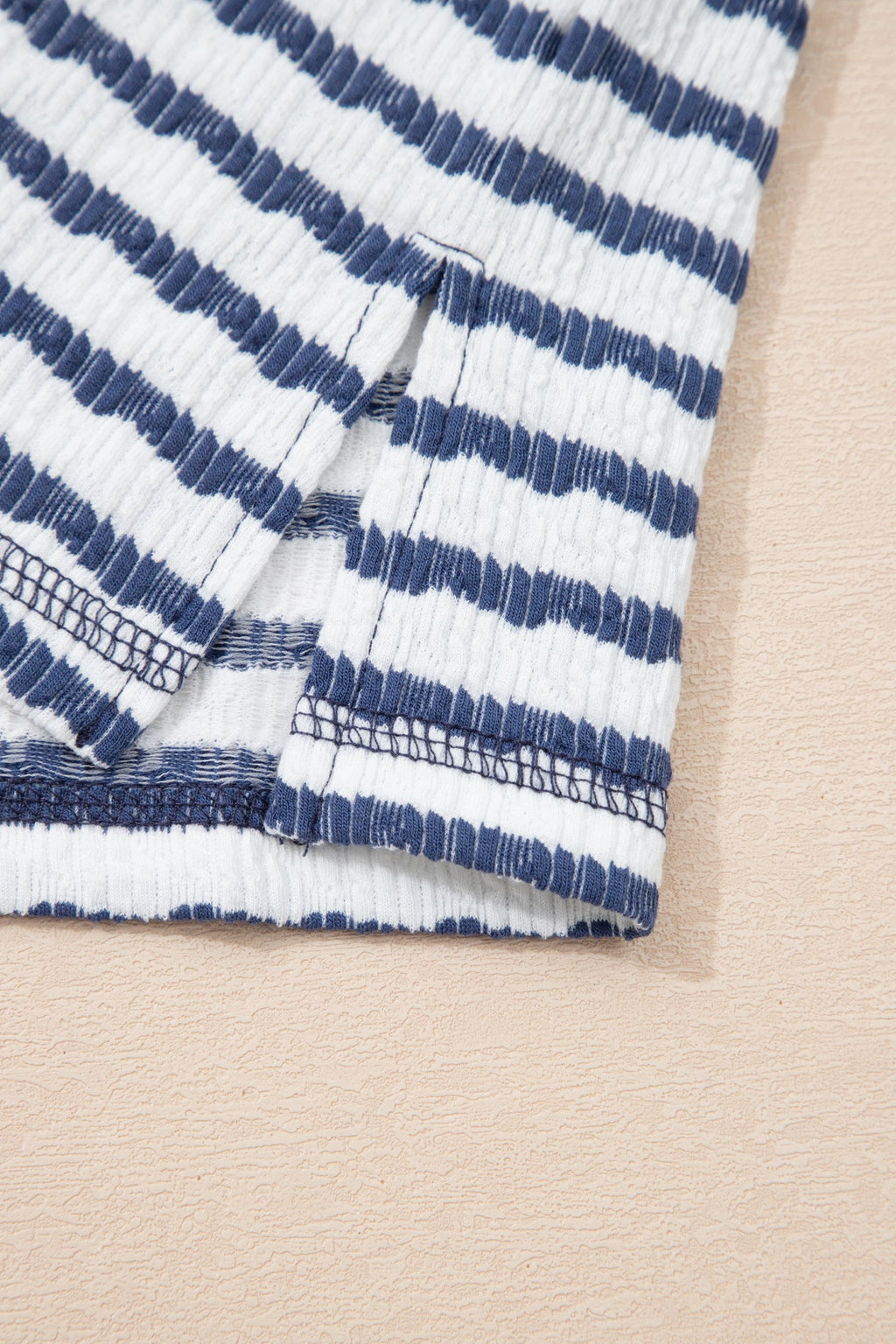 Blue Stripe Textured Knit Split Hem Half Sleeve Loose Top