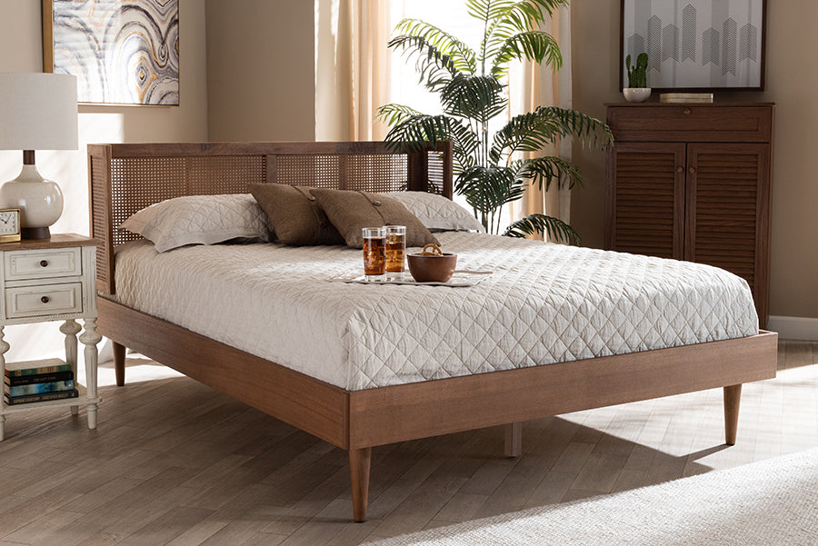 Baxton Studio Rina Mid-Century Modern Ash Wanut Finished Wood and Synthetic Rattan Full Size Platform Bed with Wrap-Around Headboard