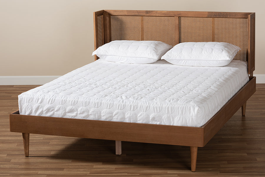 Baxton Studio Rina Mid-Century Modern Ash Wanut Finished Wood and Synthetic Rattan Full Size Platform Bed with Wrap-Around Headboard