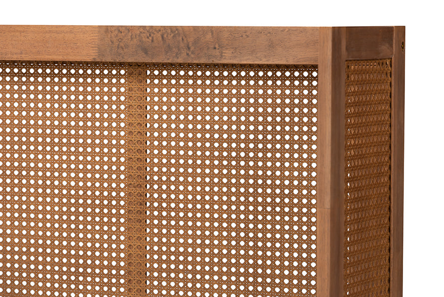 Baxton Studio Rina Mid-Century Modern Ash Wanut Finished Wood and Synthetic Rattan Queen Size Wrap-Around Headboard