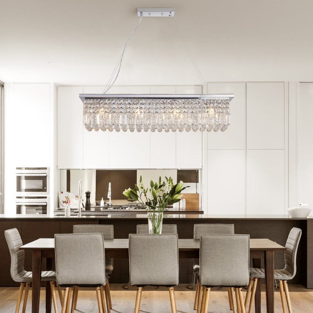 39.4" Rectangle Crystal Raindrop Chandelier | 8-Light Modern Pendant for Dining Room & Kitchen Island — Chrome or Gold, E12