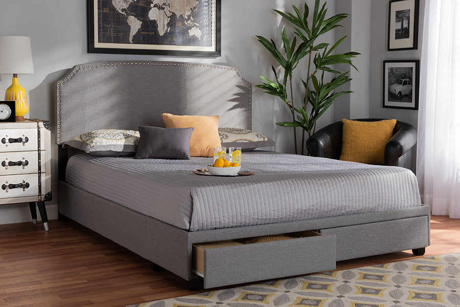 Baxton Studio Larese Light Grey Fabric Upholstered 2-Drawer King Size Platform Storage Bed