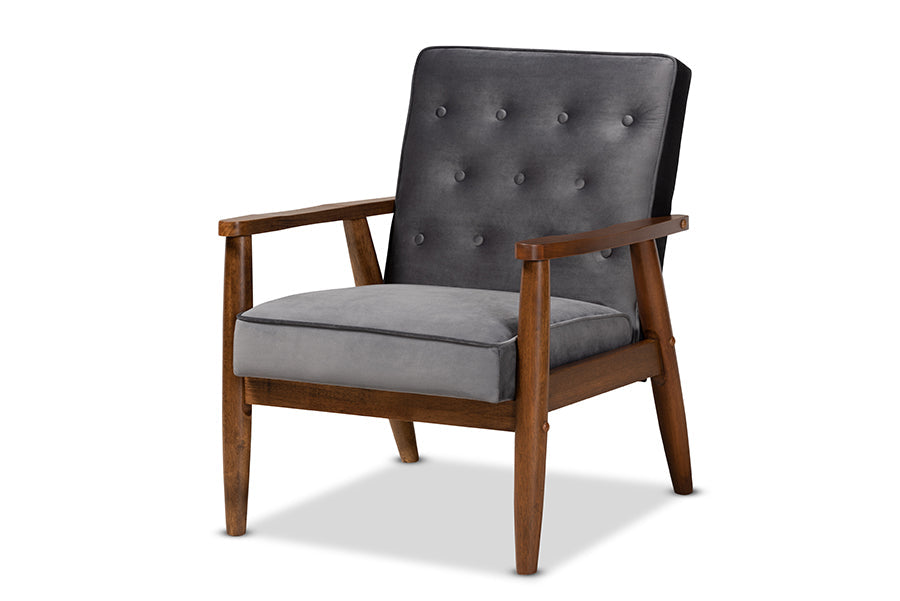 Baxton Studio Sorrento Mid-century Modern Grey Velvet Fabric Upholstered Walnut Finished 3-Piece Wooden Living Room Set