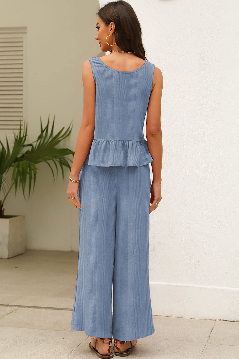 Duffel Green Solid Color Ribbed Ruffle Tank Top and Pants Set