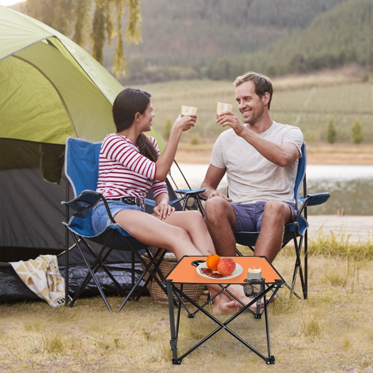 2Pcs Foldable Camping Table Portable Picnic Table Lightweight Travel Desk with 2 Cup Holders/Table Carrying Bag