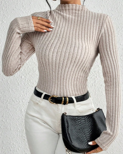 Women's Ribbed Mock Neck Knit Jumpsuit Long Sleeve Slim Casual Jumpsuit, High Neck Ribbed Knit Long Sleeve Women's Bodysuit For Spring And Autumn, Versatile Casual Jumpsuit.