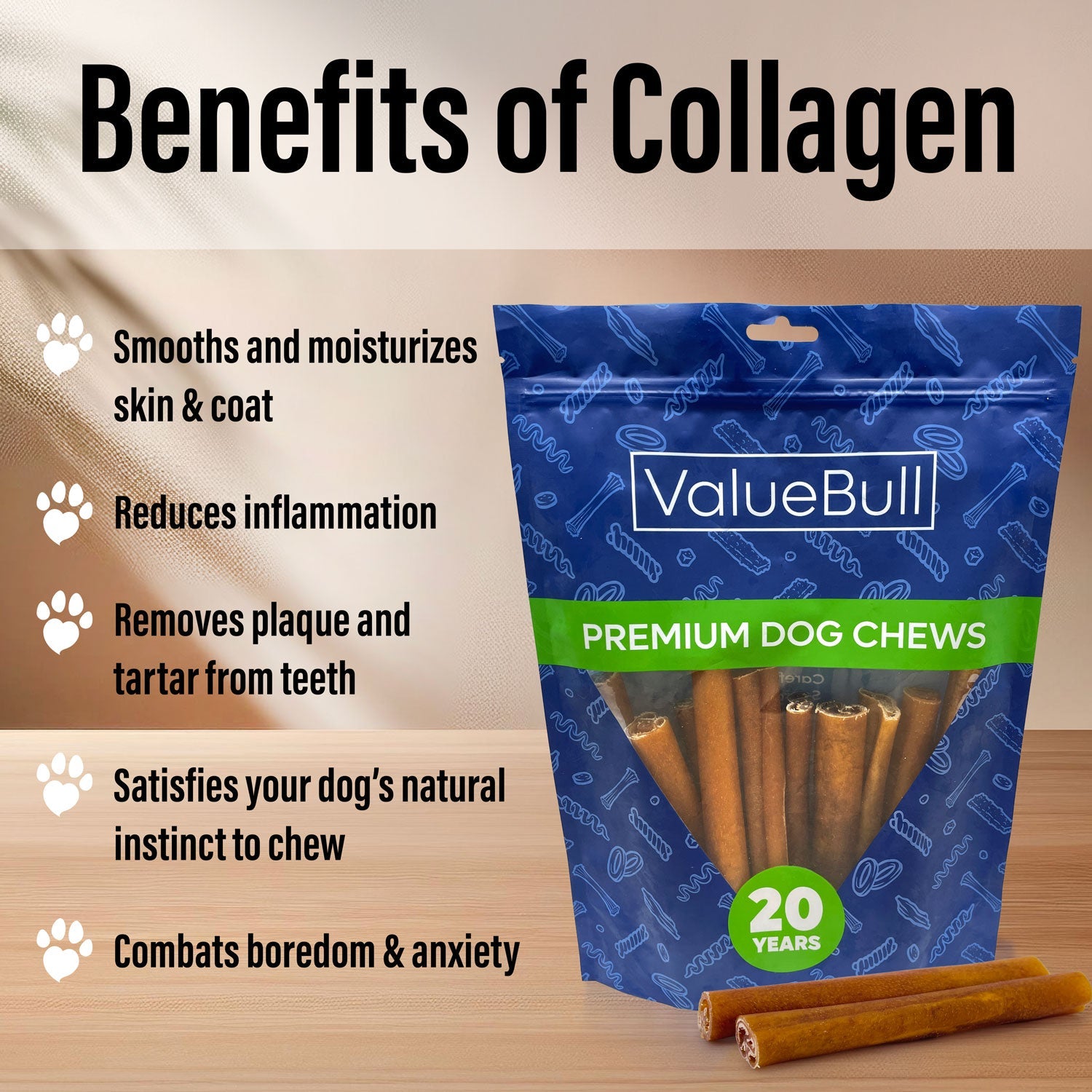 ValueBull Buffalo Collagen Sticks, 6 Inch Super Jumbo Chews, 50 Count