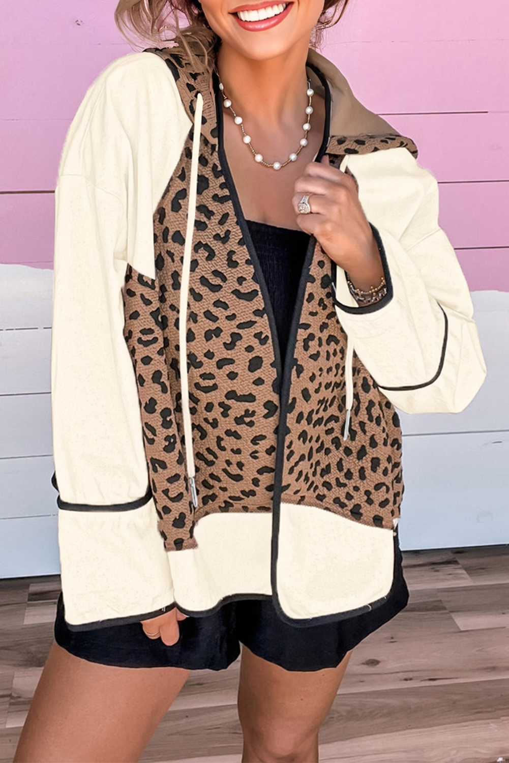 Brown Leopard Star Hooded Patchwork Contrast Piping Open Front Jacket