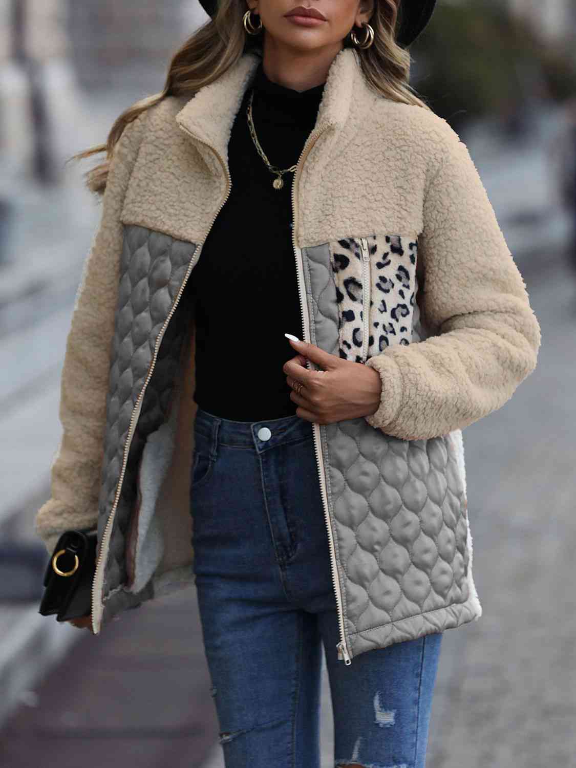 Unique Autumn Leopard Color Block Zip-Up Jacket Trendy Lightweight Jacket with Pockets Charming Winter Jacket