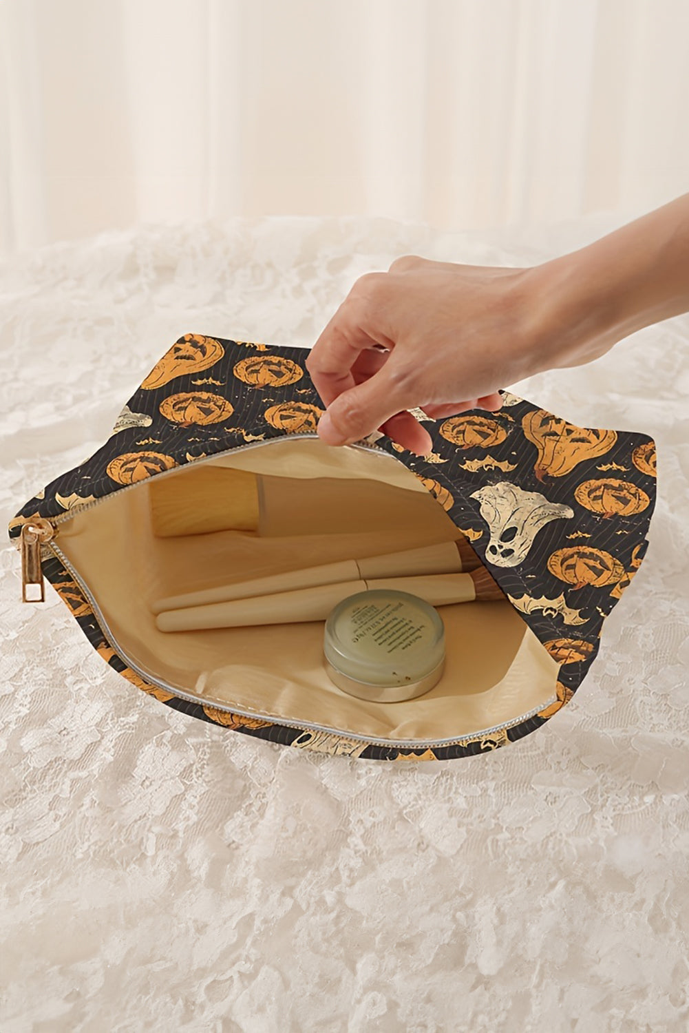 Black Halloween Print Corduroy Makeup Bag