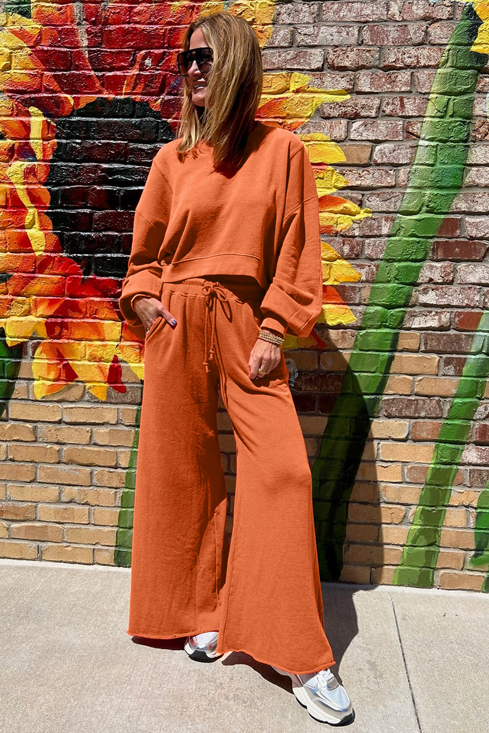 Flamingo Drop Shoulder Crop Pullover Drawstring Wide Leg Pants Set