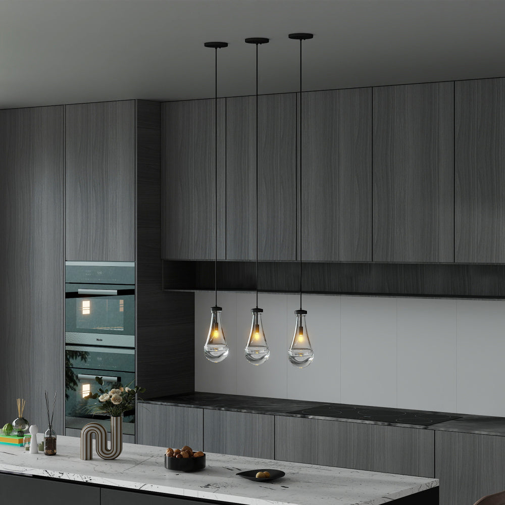 Raindrop Pendant Light – Hand-Blown Clear Glass Shade & Brass/Black Rod | Kitchen Island, Dining Room & Entryway