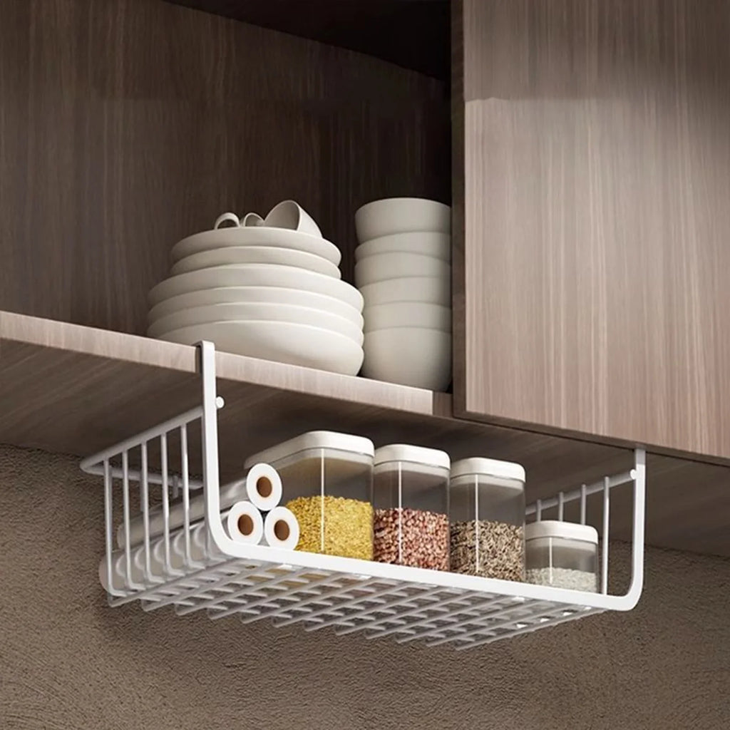 1pc White/Black Hanging Net Basket Iron Material Large Capacity Hanging Under Cabinet Wall Wardrobe Storage Basket Kitchen Tools