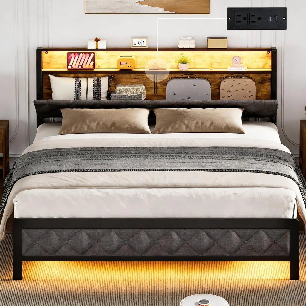 Queen Size Bed Frame with Storage Headboard and Charging Station, Upholstered Bed Frame Queen Size with LED Lights, Platform Bed