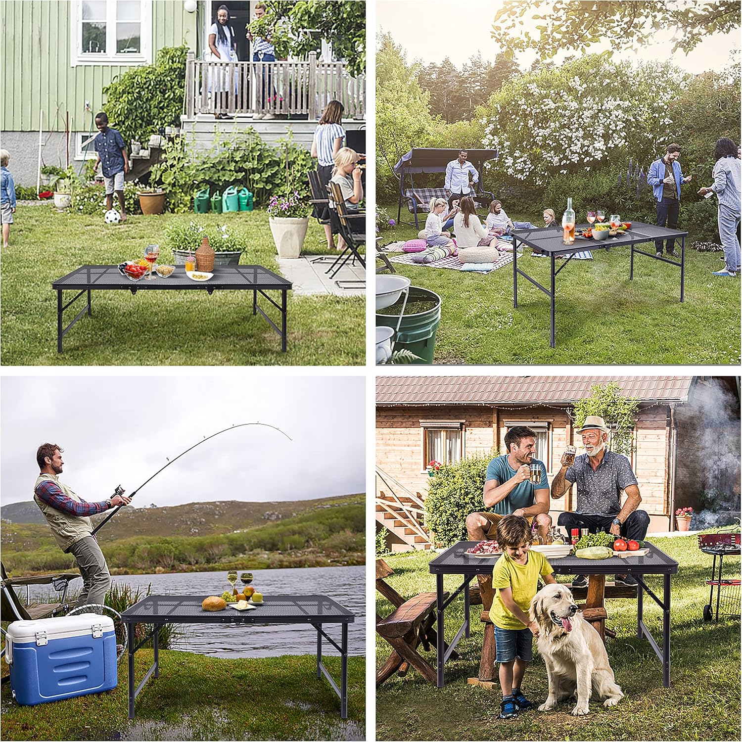 Nice C Table for Grill, Outdoor Table, Camping Cooking Picnic Tables, Card Tables Adjustable Height, Mesh Bag, Carry Handle (47.3” x 23.7“ x 14.7”/24.2“ Black)