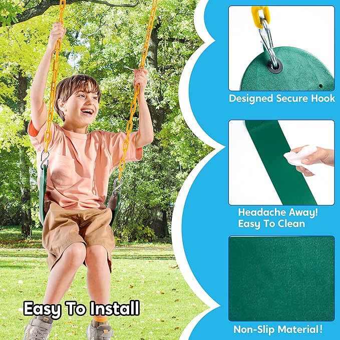 TURFEE 2 Pack Green Swing Seats Heavy Duty with 66" Chain, Swing Set Accessories Replacement with Snap Hooks for Kids Outdoor Play Playground, Trees, Playground(Green)
