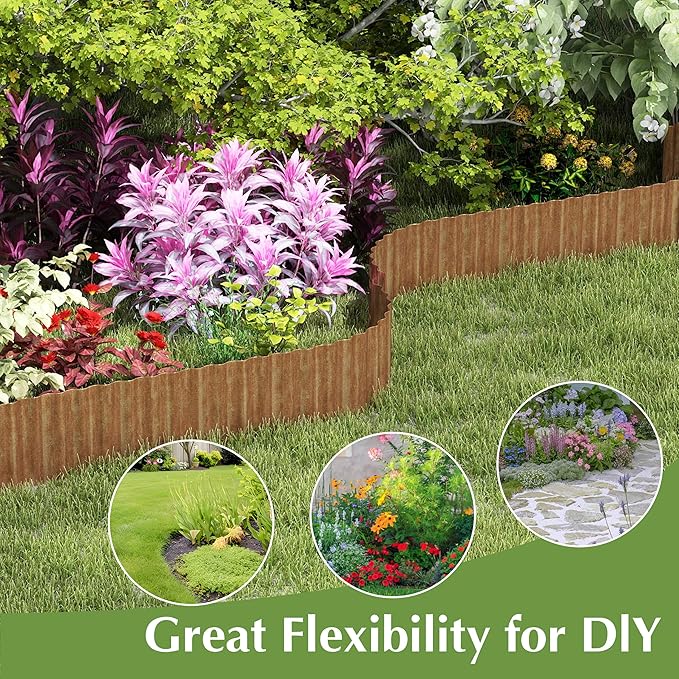 Metal Garden Edging Border, Corrugated Steel Landscaping, DIY for Lawn (Rusty, 8 Inch x 10FT)