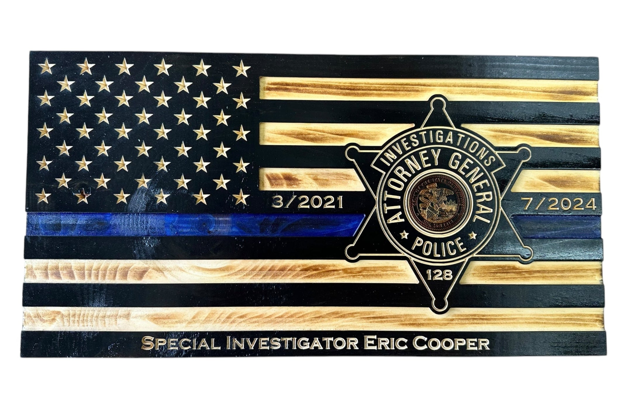 Custom Thin Blue Line Wooden Flag with Engraved Police Badge