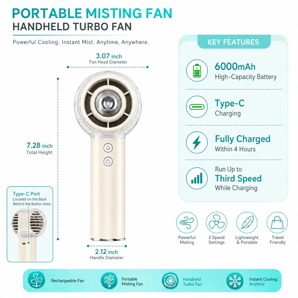 Portable Misting Handheld Fan 6000mAh Rechargeable Battery For Travel