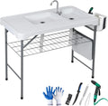 Fish Cleaning Table with Sink, 42.4" Width Portable Folding Camping Table, Outdoor Fish Cleaning Station with Grid Rack and