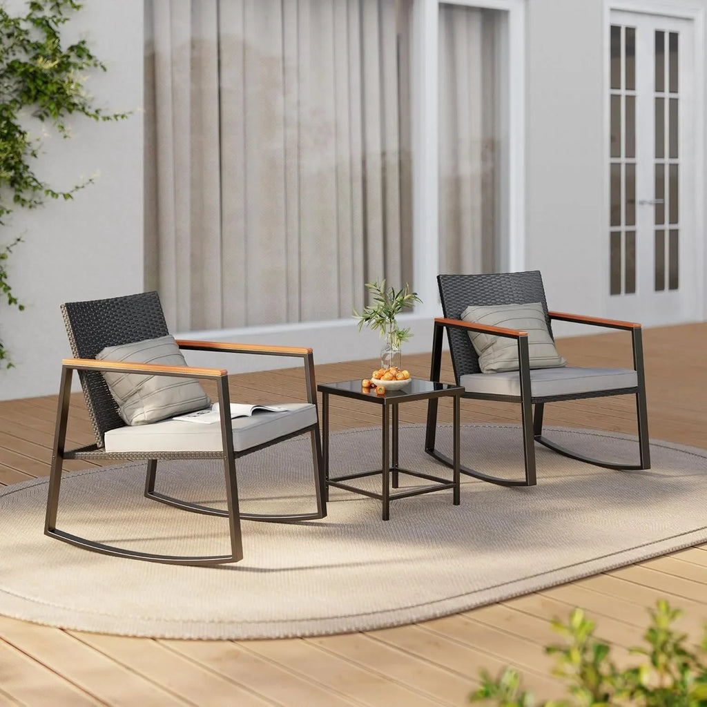 3 Pieces Rocking Patio Bistro Set with Anti-Scald Armrest, Outdoor Patio Wicker Furniture Set with Glass Table and Cushio