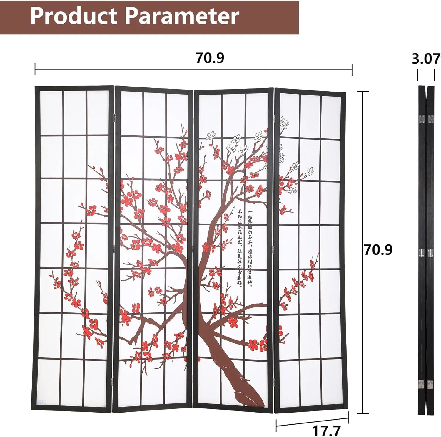 6ft Folding Privacy Divider 4 Panels Oriental Shoji Screen Wall Divider Wood Divider Portable Freestanding Partitio