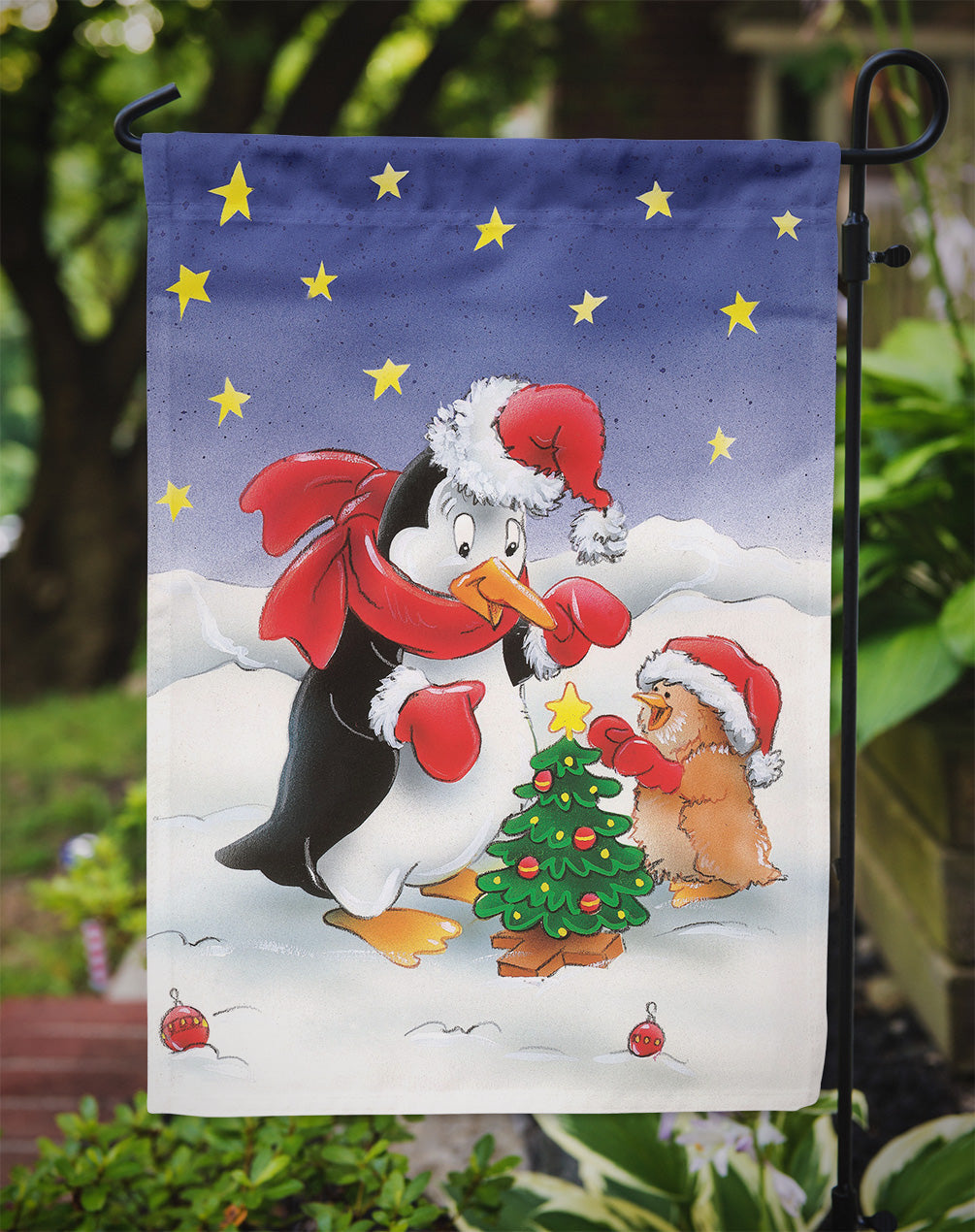 Penguin and Robin with Christmas Tree Garden Flag Mailbox Decorative Yard Banner Outside Patio Artwork for Flower Beds, Garden Size, Multicolor