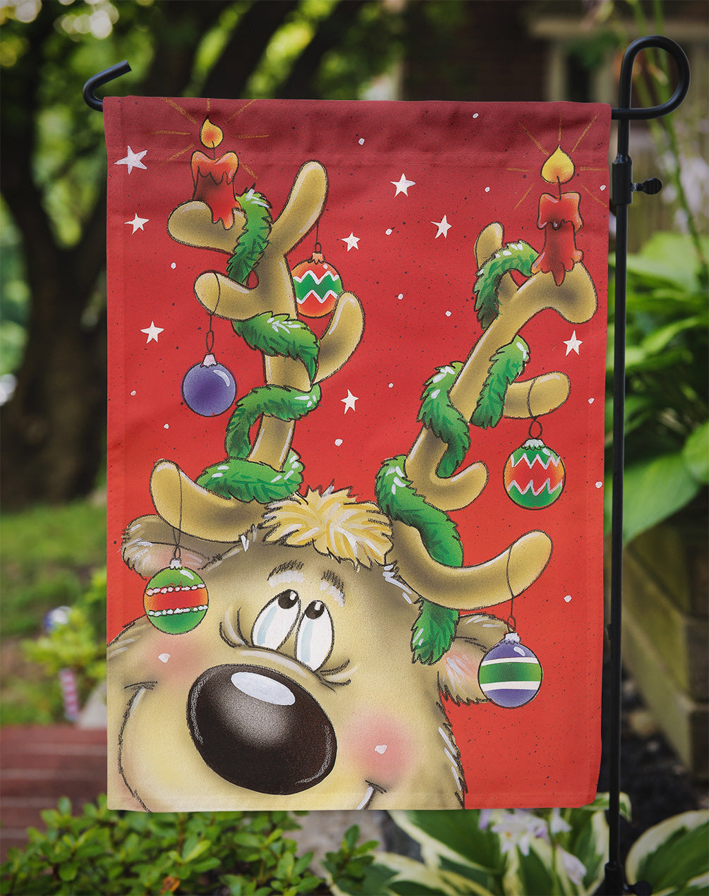 Comic Reindeer with Decorated Antlers Garden Flag Mailbox Decorative Yard Banner Outside Patio Artwork for Flower Beds, Garden Size, Multicolor