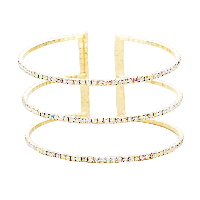3Row Split Layer Round Crystal Detail Cuff Evening Bracelet