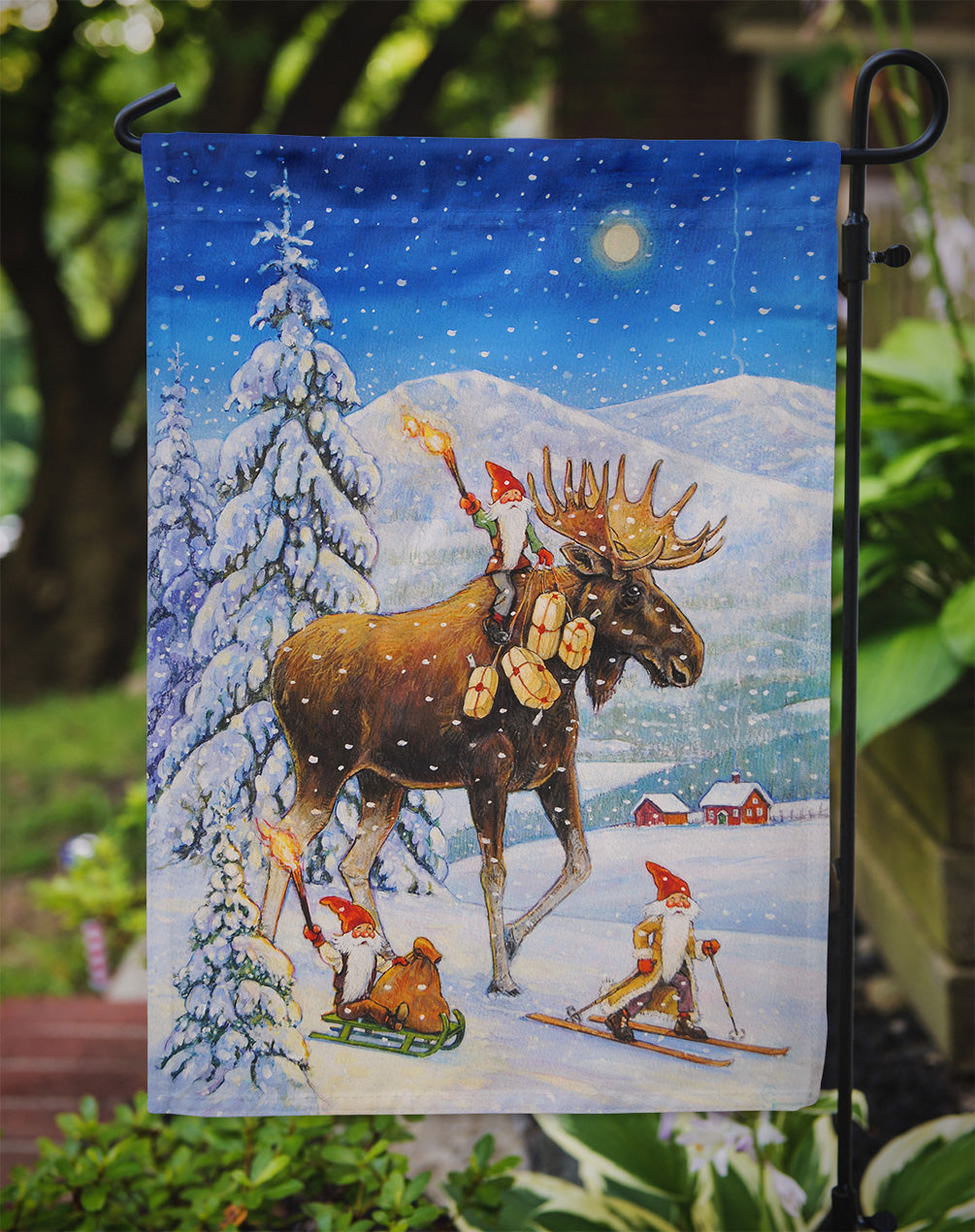 Christmas Gnome riding Reindeer Garden Flag Mailbox Decorative Yard Banner Outside Patio Artwork for Flower Beds, Garden Size, Multicolor