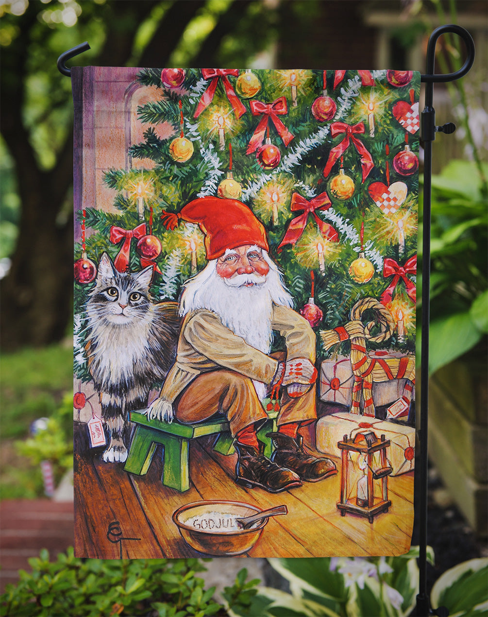 Christmas Gnome by the Tree Garden Flag Mailbox Decorative Yard Banner Outside Patio Artwork for Flower Beds, Garden Size, Multicolor