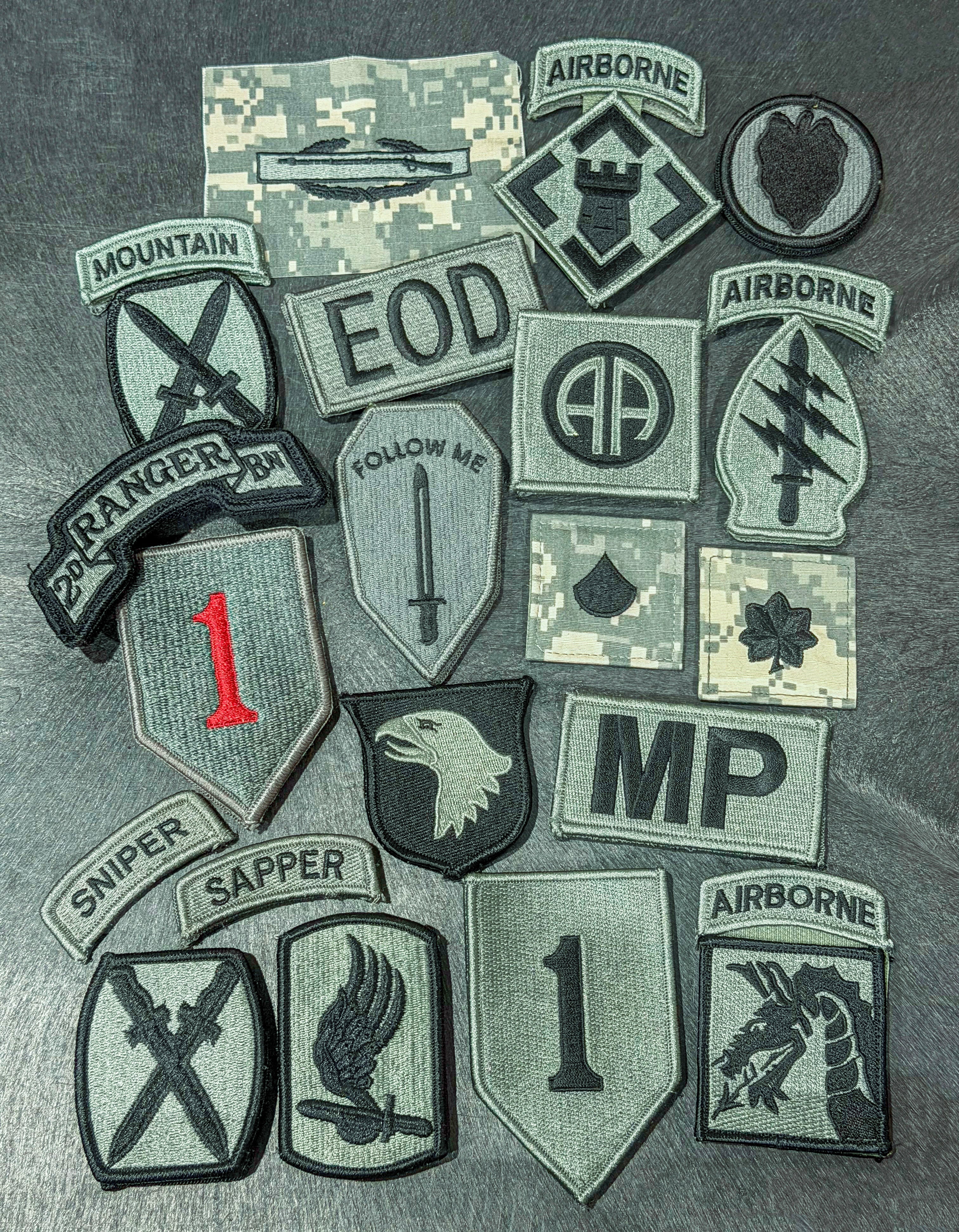 Assorted ACU Patches, Scrolls, Tabs, Ranks, and Badges