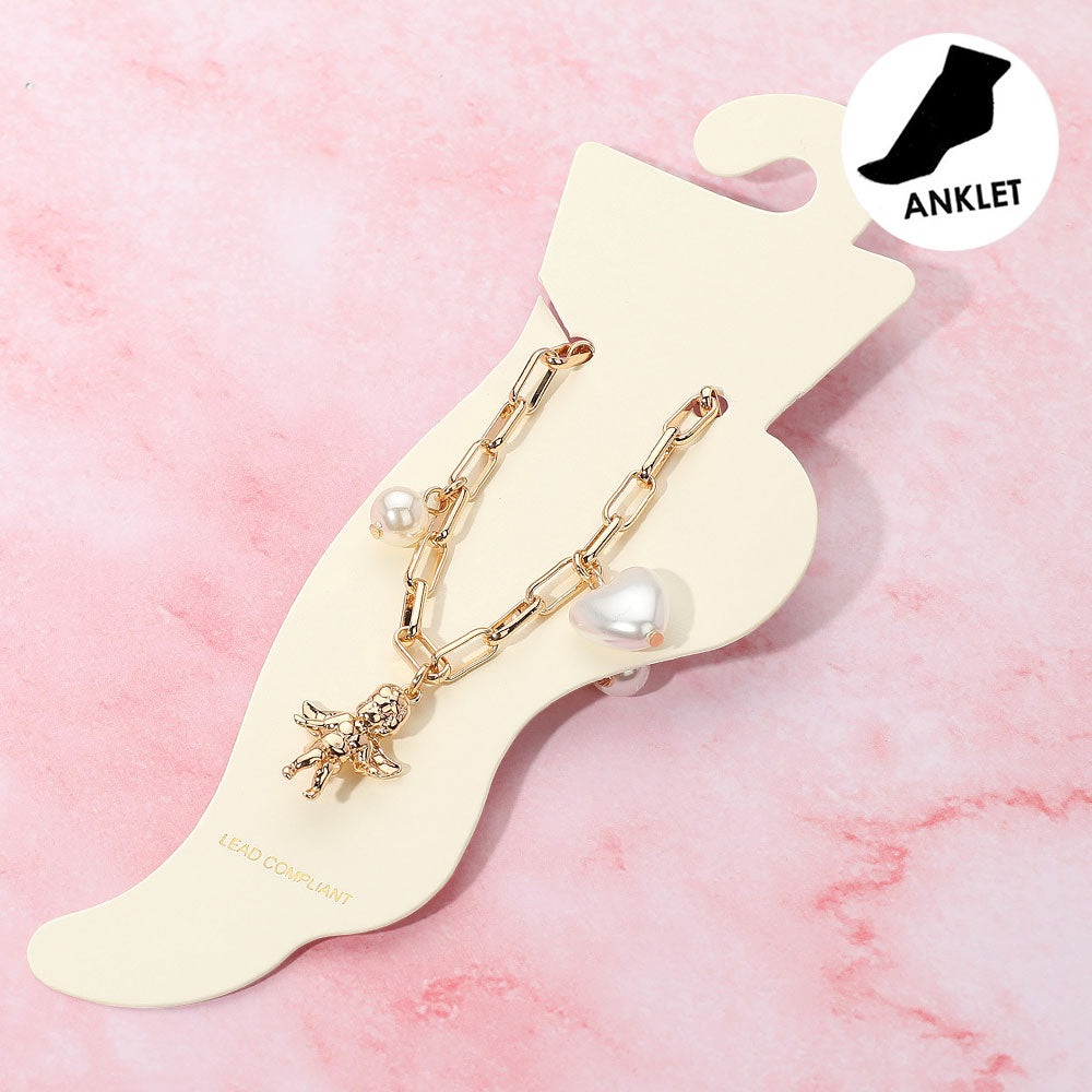 Heart Pearl Metal Bow Angel Balloon Dog Charm Station Paperclip Chain Anklet
