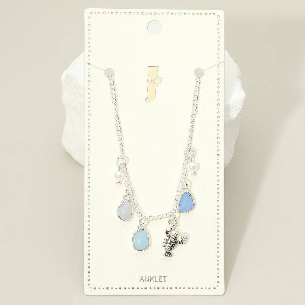 Lobster Sea Glass Pearl Charm Station Anklet