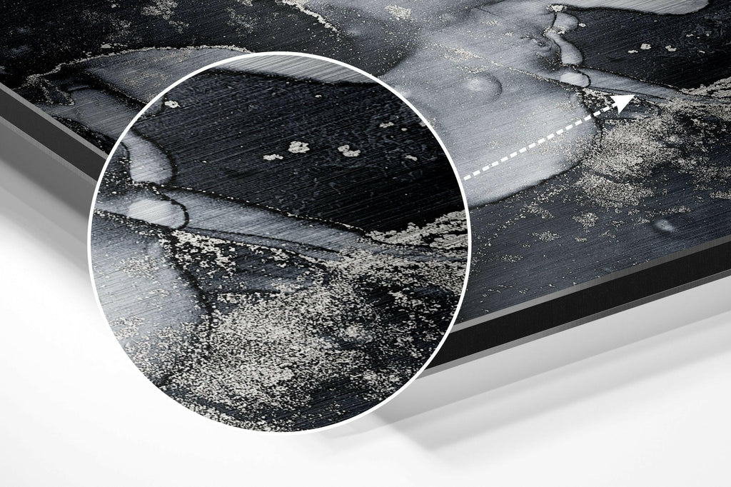 Black Silver Ink Marble Brushed Aluminium Dibond Wall Art