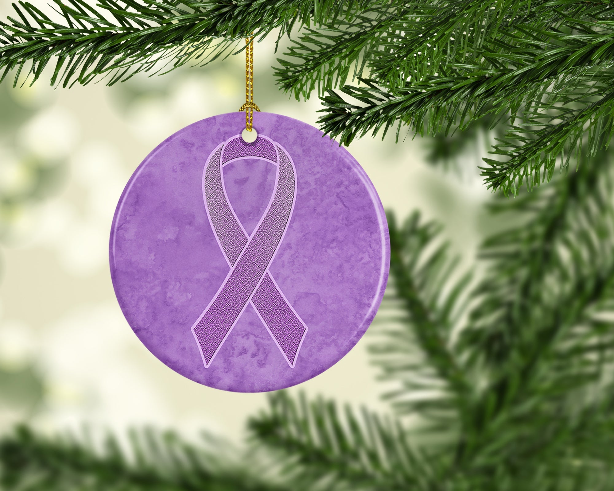 Lavender Ribbon for All Cancer Awareness Ceramic Ornament Christmas Tree Hanging Decorations for Home Christmas Holiday, Party, Gift, 3 in, Multicolor