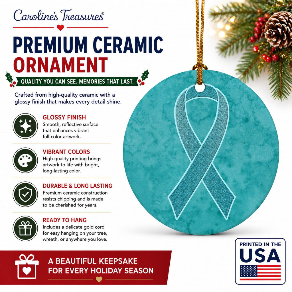 Teal Ribbon for Ovarian Cancer Awareness Ceramic Ornament Christmas Tree Hanging Decorations for Home Christmas Holiday, Party, Gift, 3 in, Multicolor