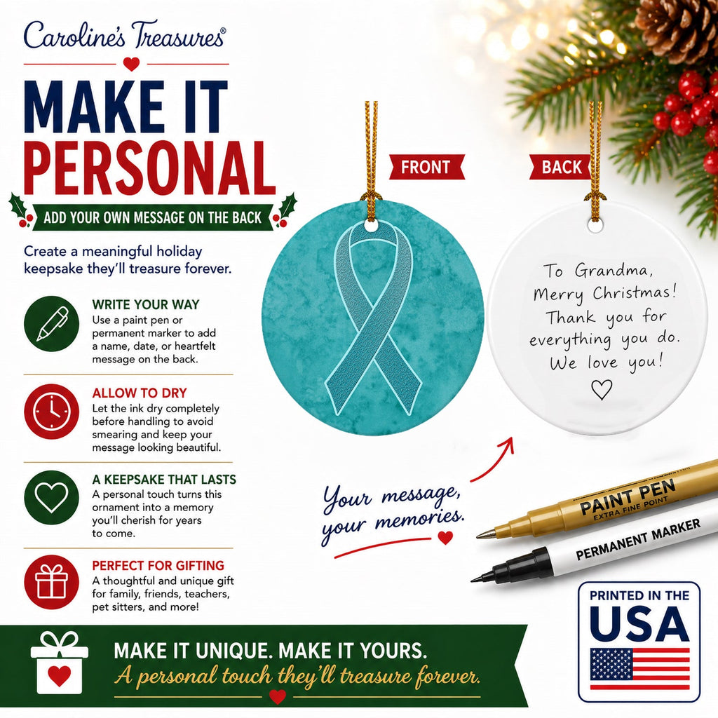 Teal Ribbon for Ovarian Cancer Awareness Ceramic Ornament Christmas Tree Hanging Decorations for Home Christmas Holiday, Party, Gift, 3 in, Multicolor