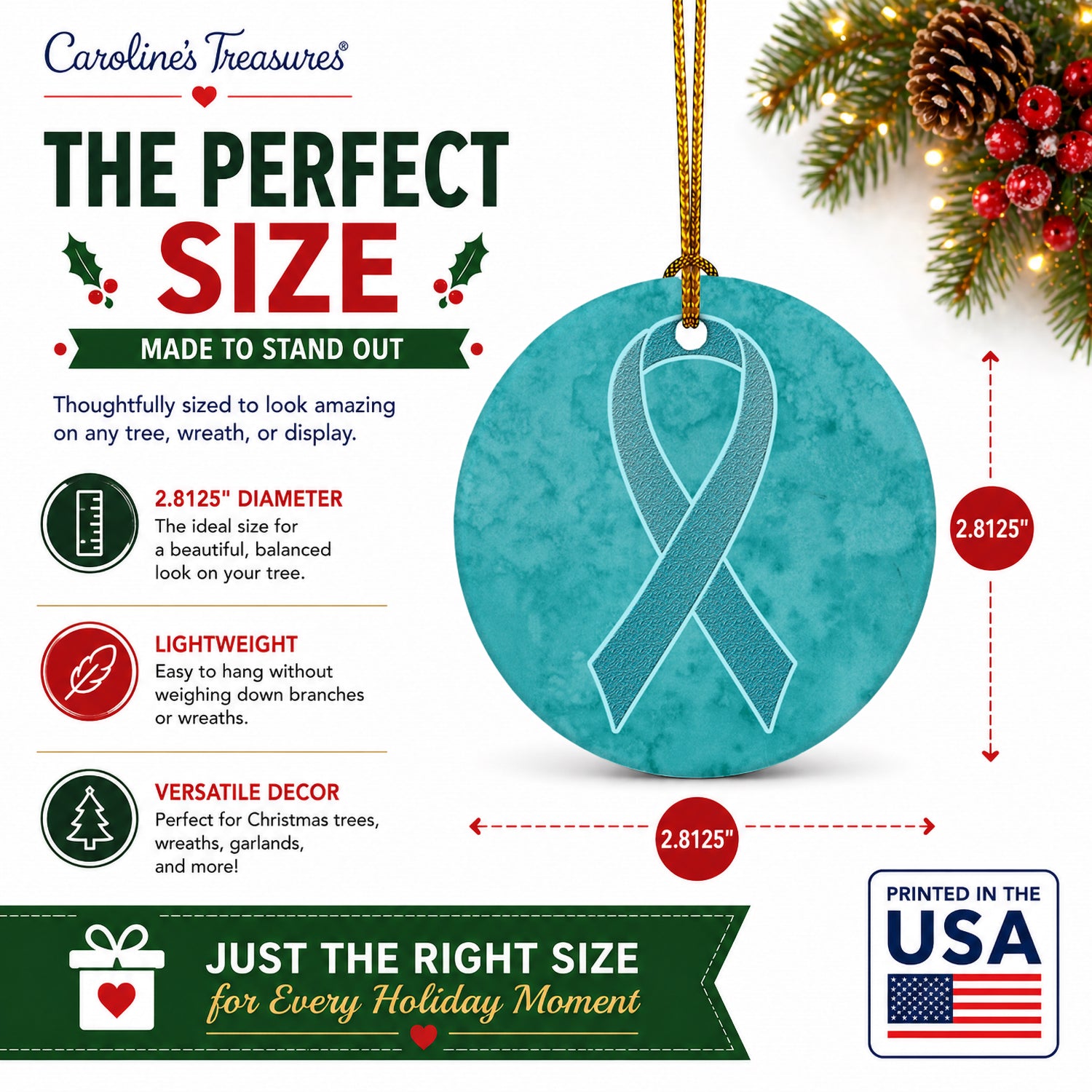Teal Ribbon for Ovarian Cancer Awareness Ceramic Ornament Christmas Tree Hanging Decorations for Home Christmas Holiday, Party, Gift, 3 in, Multicolor