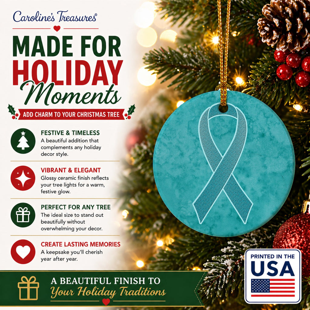 Teal Ribbon for Ovarian Cancer Awareness Ceramic Ornament Christmas Tree Hanging Decorations for Home Christmas Holiday, Party, Gift, 3 in, Multicolor
