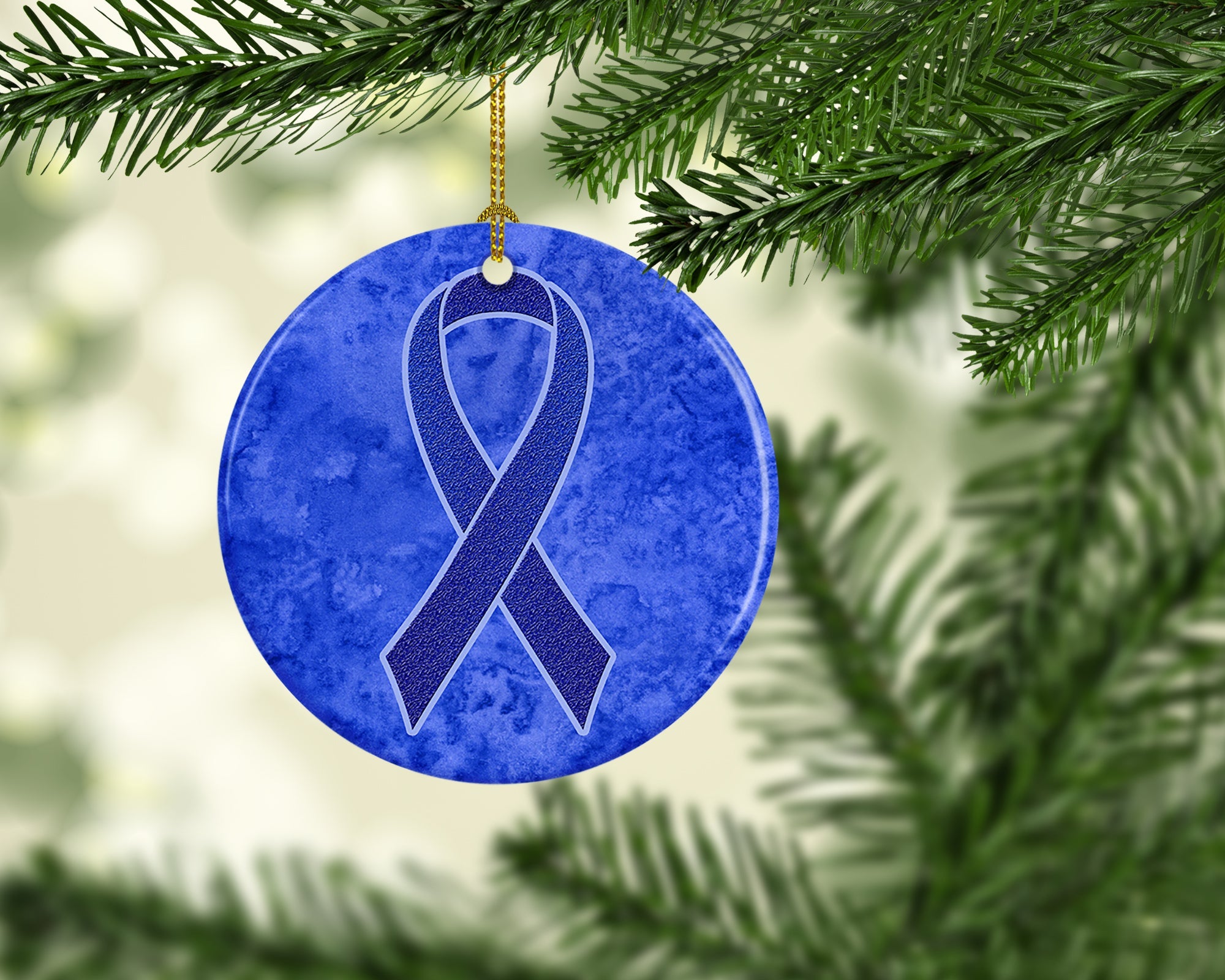 Dark Blue Ribbon for Colon Cancer Awareness Ceramic Ornament Christmas Tree Hanging Decorations for Home Christmas Holiday, Party, Gift, 3 in, Multicolor