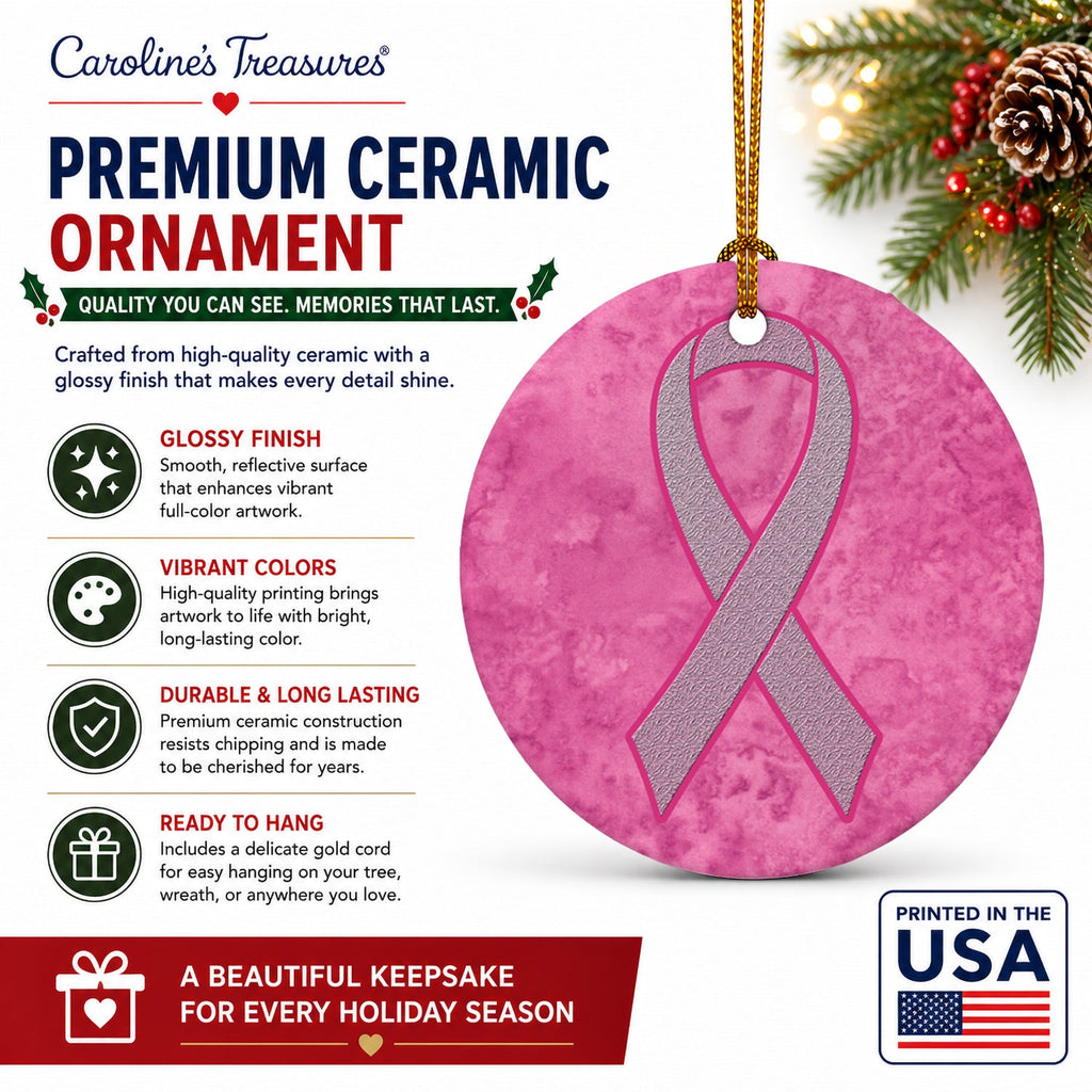 Pink Ribbon for Breast Cancer Awareness Ceramic Ornament Christmas Tree Hanging Decorations for Home Christmas Holiday, Party, Gift, 3 in, Multicolor