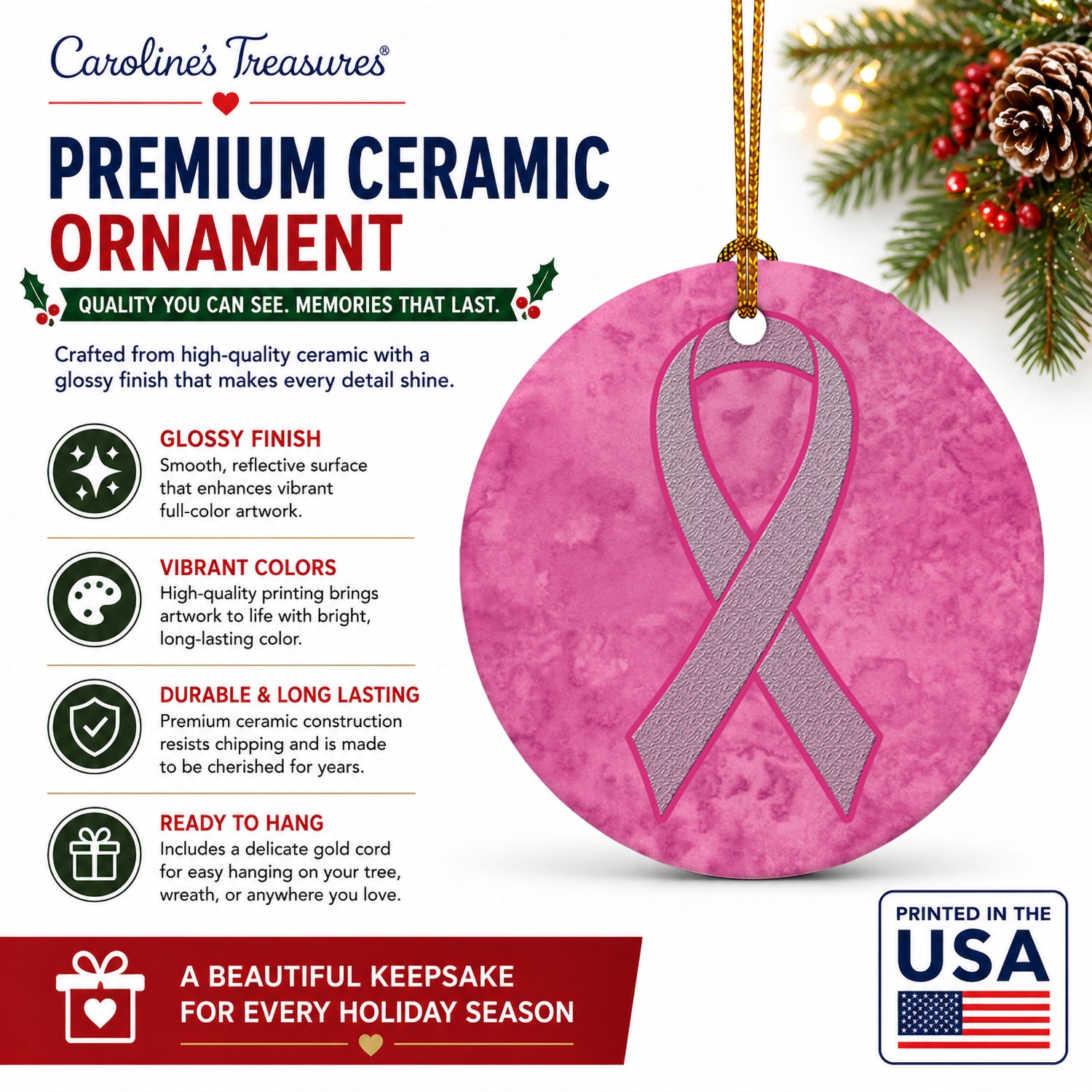 Pink Ribbon for Breast Cancer Awareness Ceramic Ornament Christmas Tree Hanging Decorations for Home Christmas Holiday, Party, Gift, 3 in, Multicolor