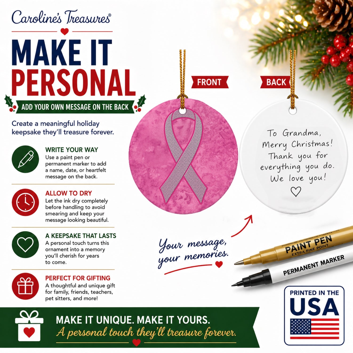 Pink Ribbon for Breast Cancer Awareness Ceramic Ornament Christmas Tree Hanging Decorations for Home Christmas Holiday, Party, Gift, 3 in, Multicolor