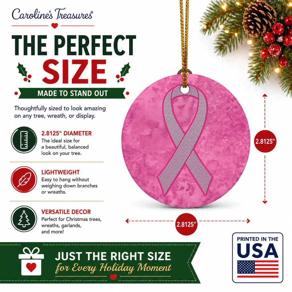 Pink Ribbon for Breast Cancer Awareness Ceramic Ornament Christmas Tree Hanging Decorations for Home Christmas Holiday, Party, Gift, 3 in, Multicolor